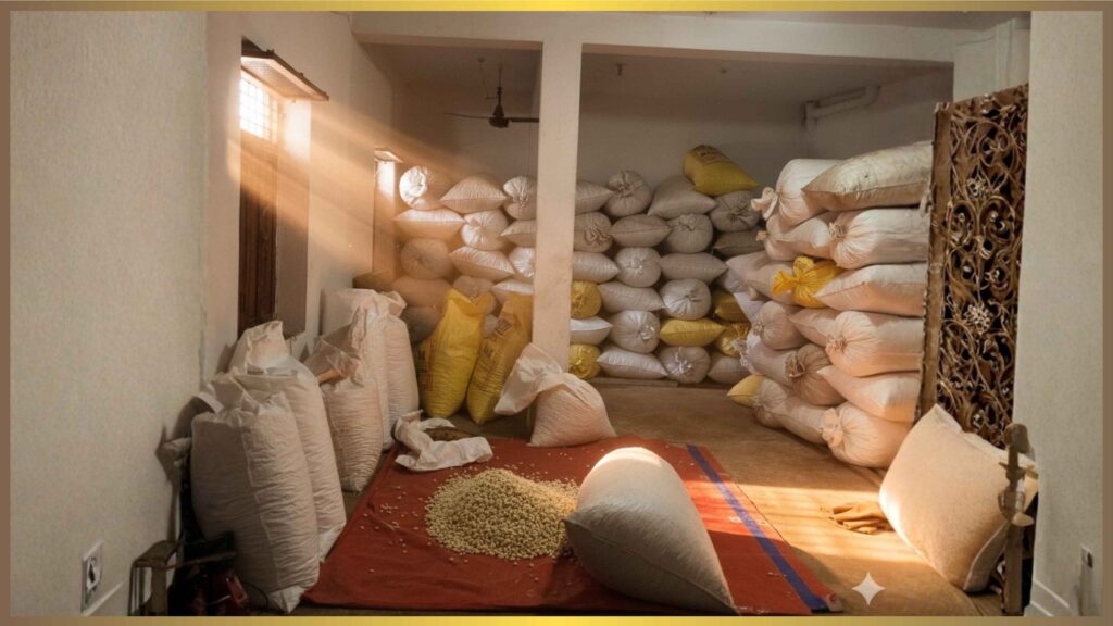 Panchmukhi Makhana warehouse with stacked jute sacks filled with premium makhana ready for dispatch